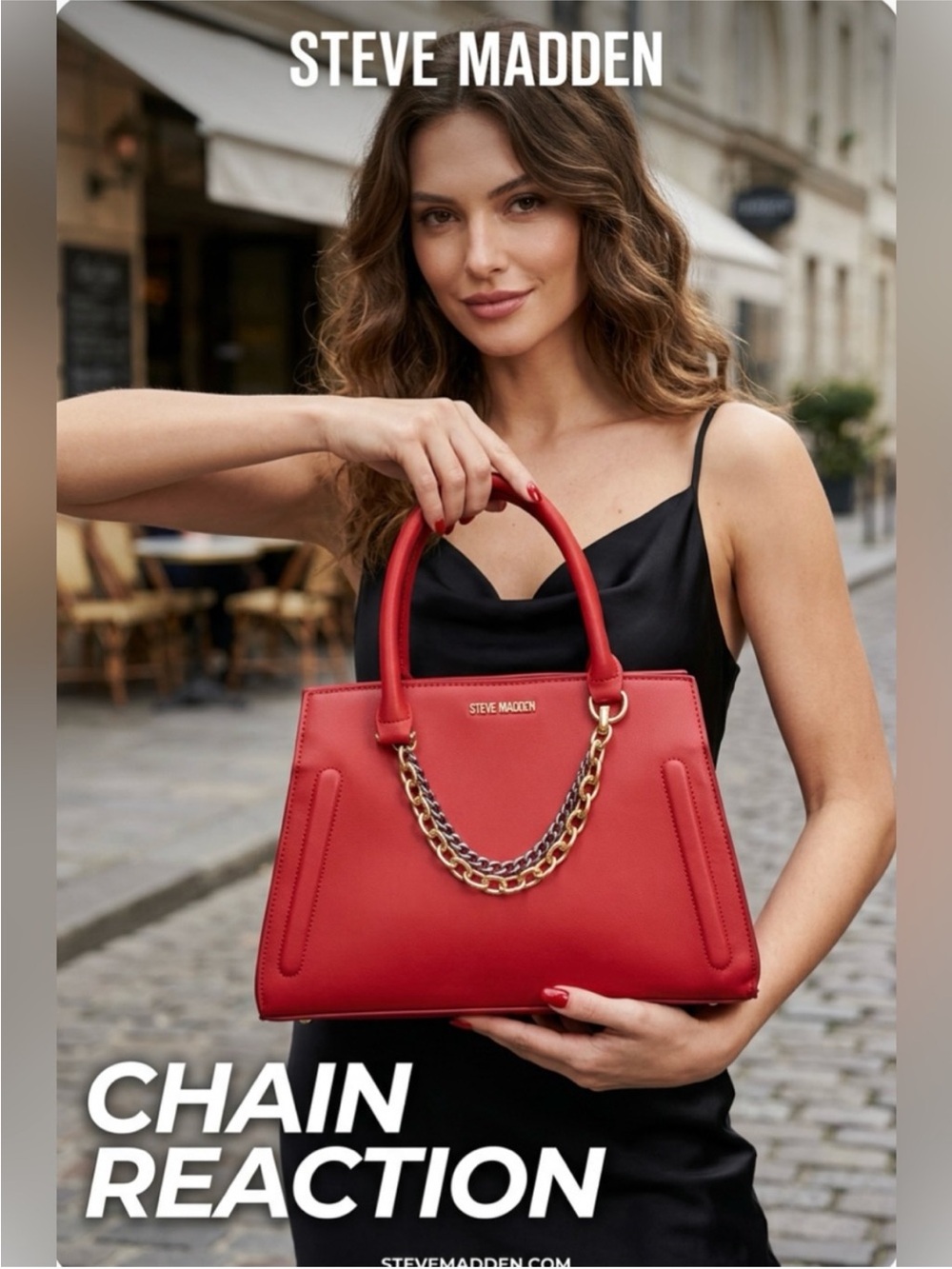 Like New ~ Designer Steve Madden Red Satchel with Gold & Silver Chain Trim